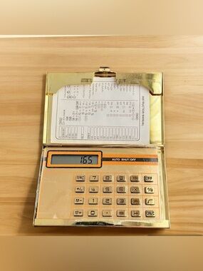 Brass Business Card Holder With Working Calculator Velour Bag Vintage Instructs